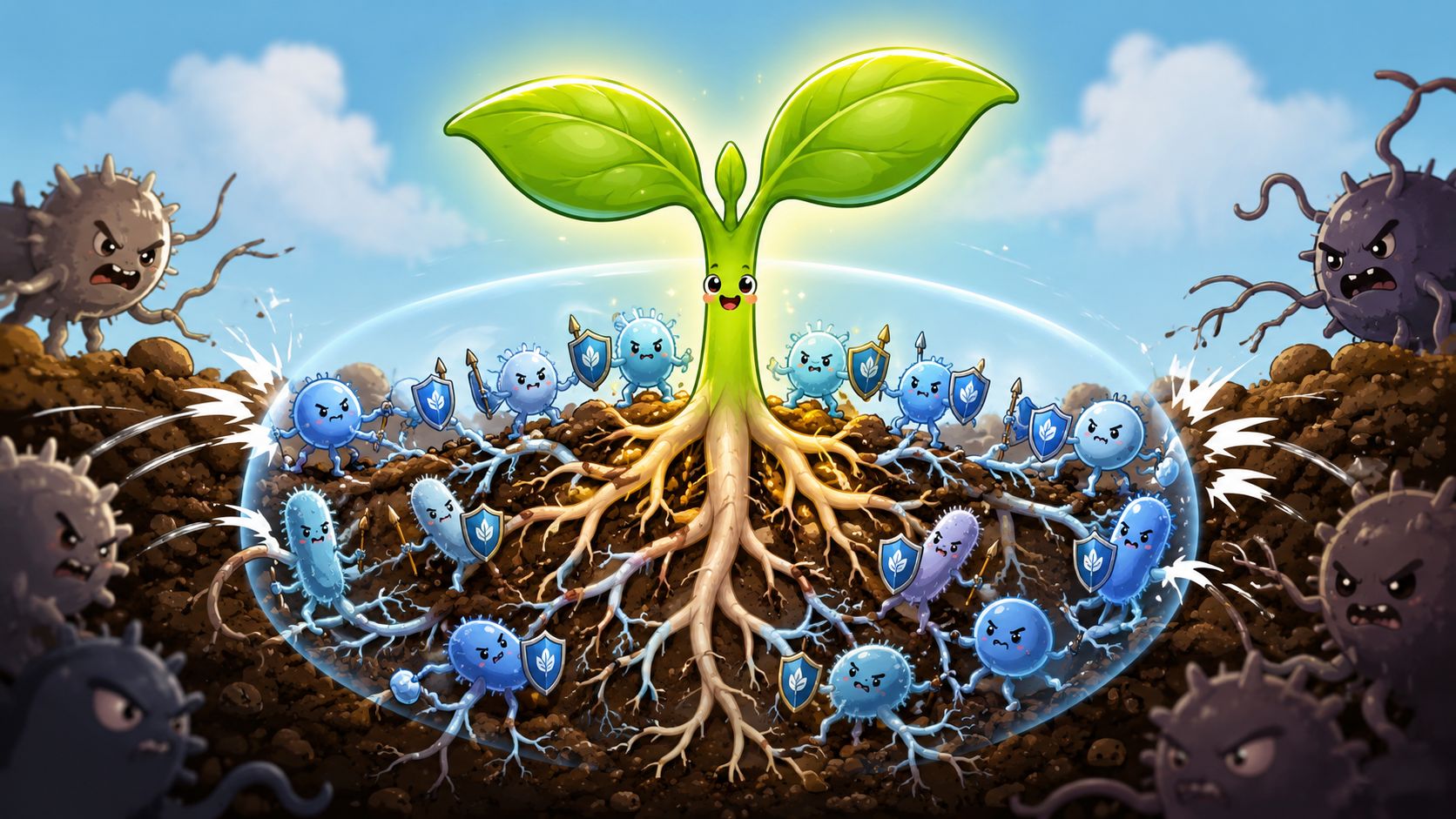 A seedling protected by a blue shield from attacking harmful bacteria in the soil.