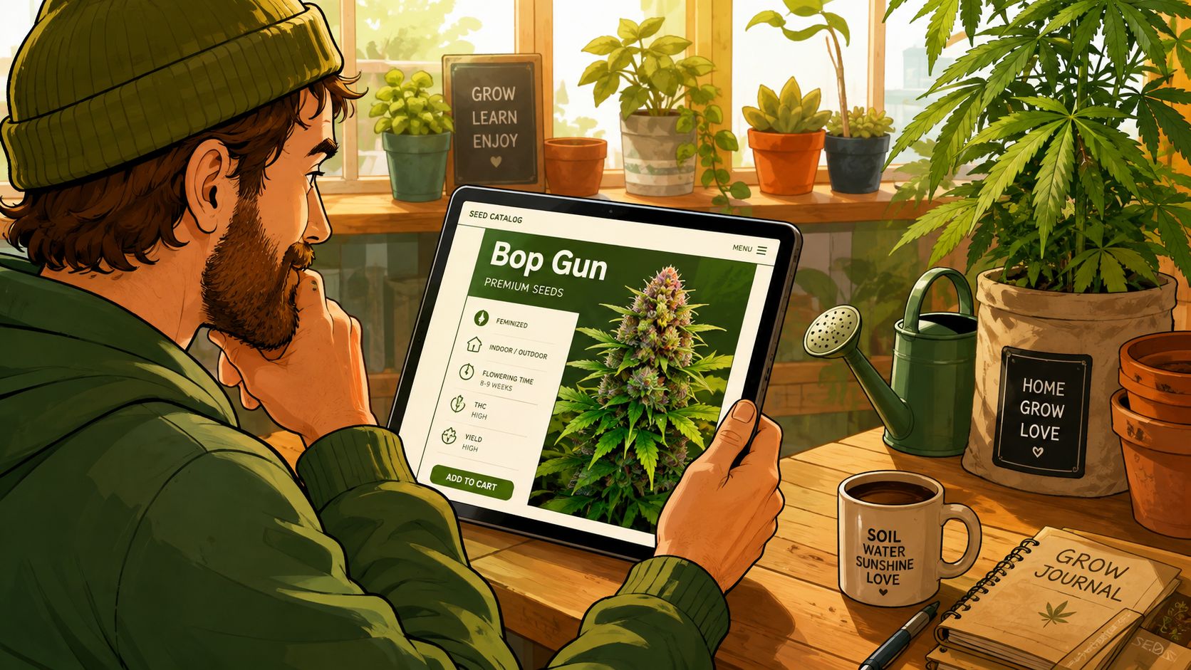 A man in a greenhouse looking at a tablet displaying information about the Bop Gun cannabis strain.