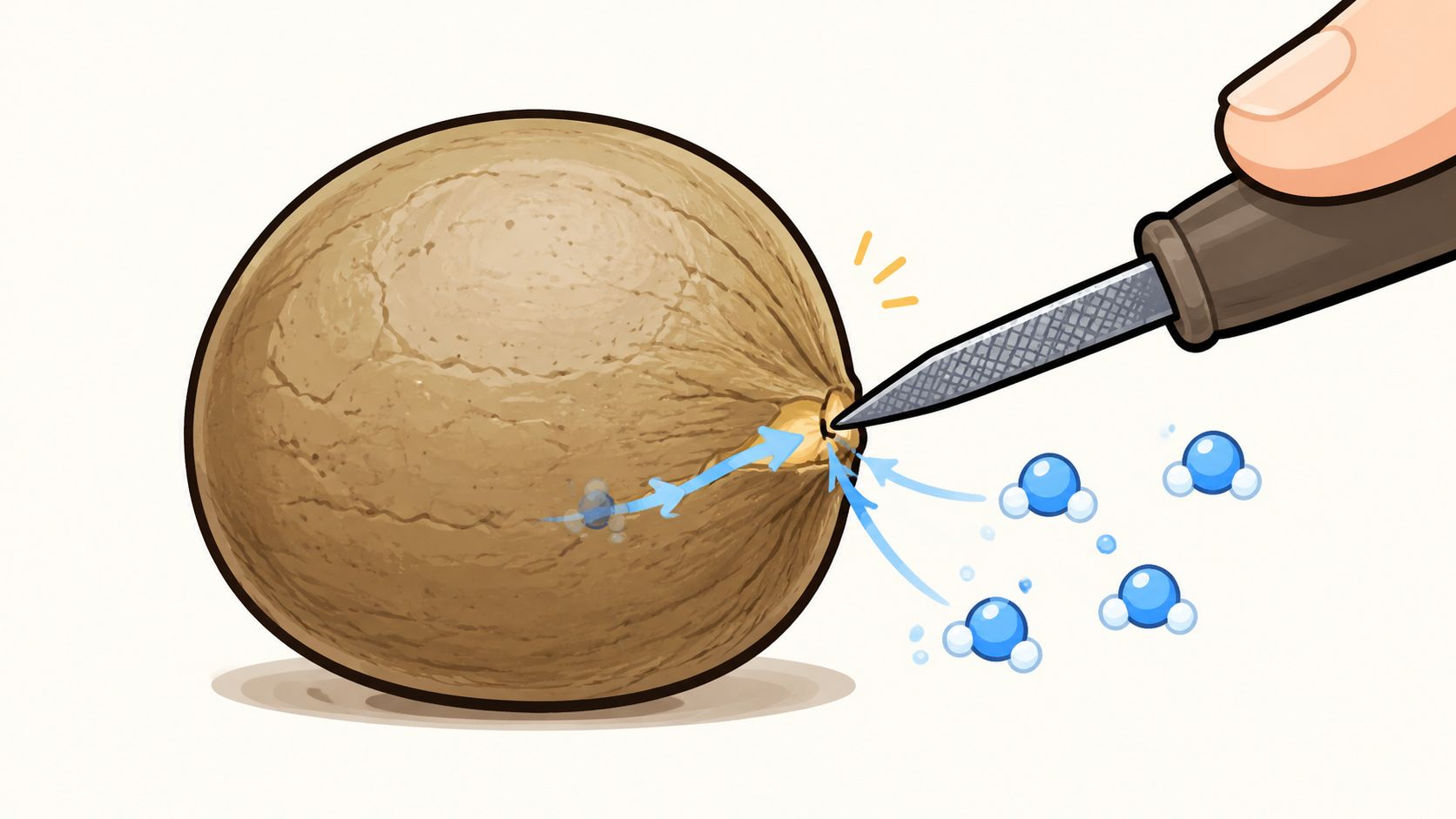 A hand using a tool to nick a seed coat to facilitate water absorption for dormancy breakage.