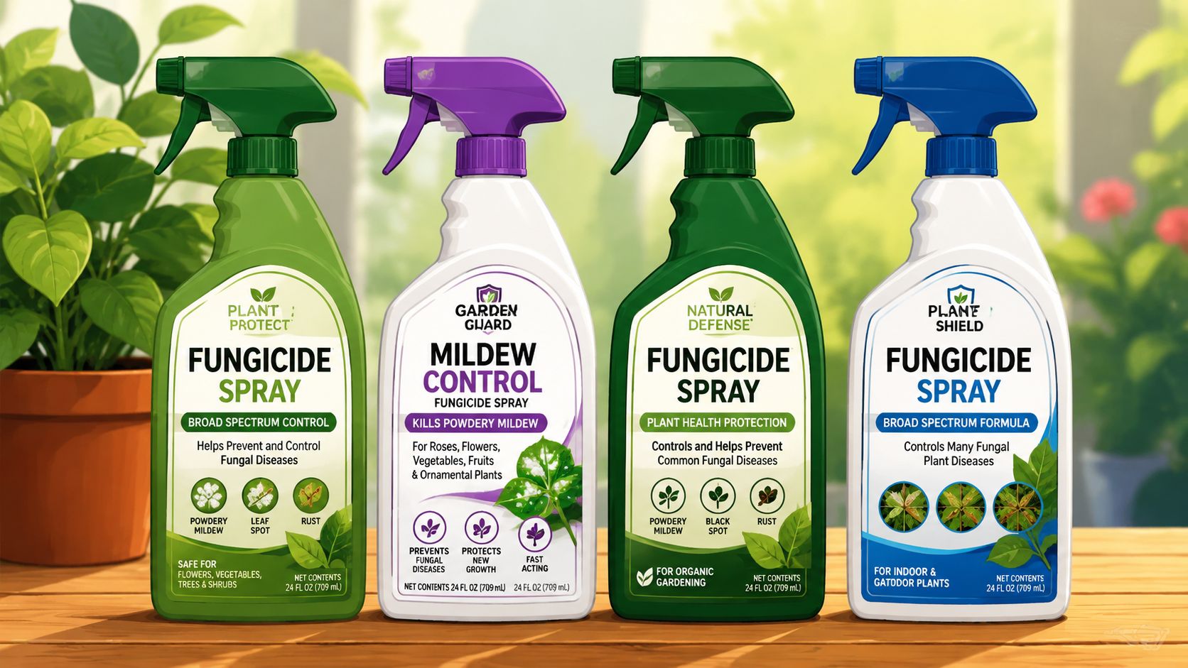 Four different branded bottles of antifungal plant spray lined up on a wooden table outdoors.