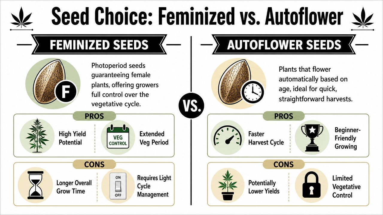 A comparison chart showing the differences between feminized and autoflower cannabis seeds for growers.