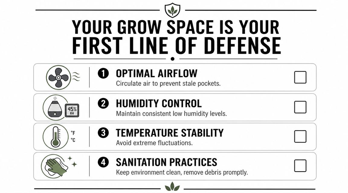 An educational infographic outlining four essential environmental control practices for maintaining a healthy and mold-resistant grow space.
