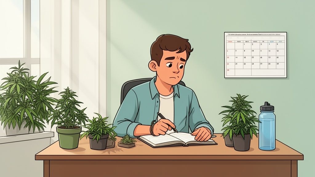 A worried young person sits at a desk with cannabis plants, writing in a journal about their struggles.