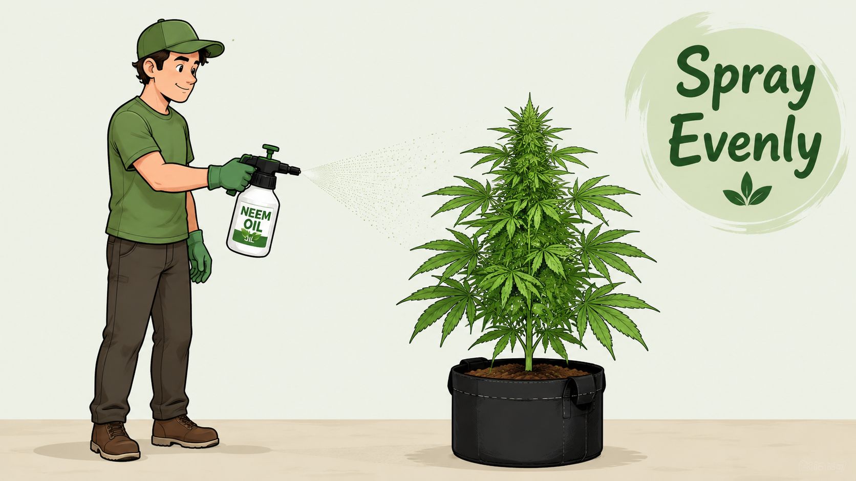A person in a green shirt spraying neem oil onto a cannabis plant in a fabric pot.
