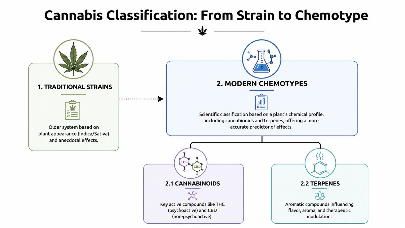 An infographic illustrating the shift from traditional cannabis strain classification to modern, science-based chemotype categorization.