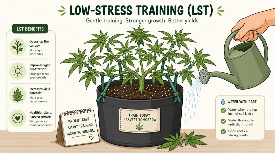 An educational illustration explaining low-stress training techniques for growing healthy cannabis plants in pots.