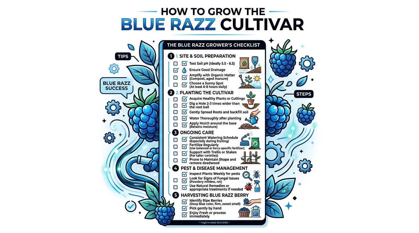 A detailed infographic checklist titled How to Grow the Blue Razz Cultivar, outlining steps for planting and harvesting.