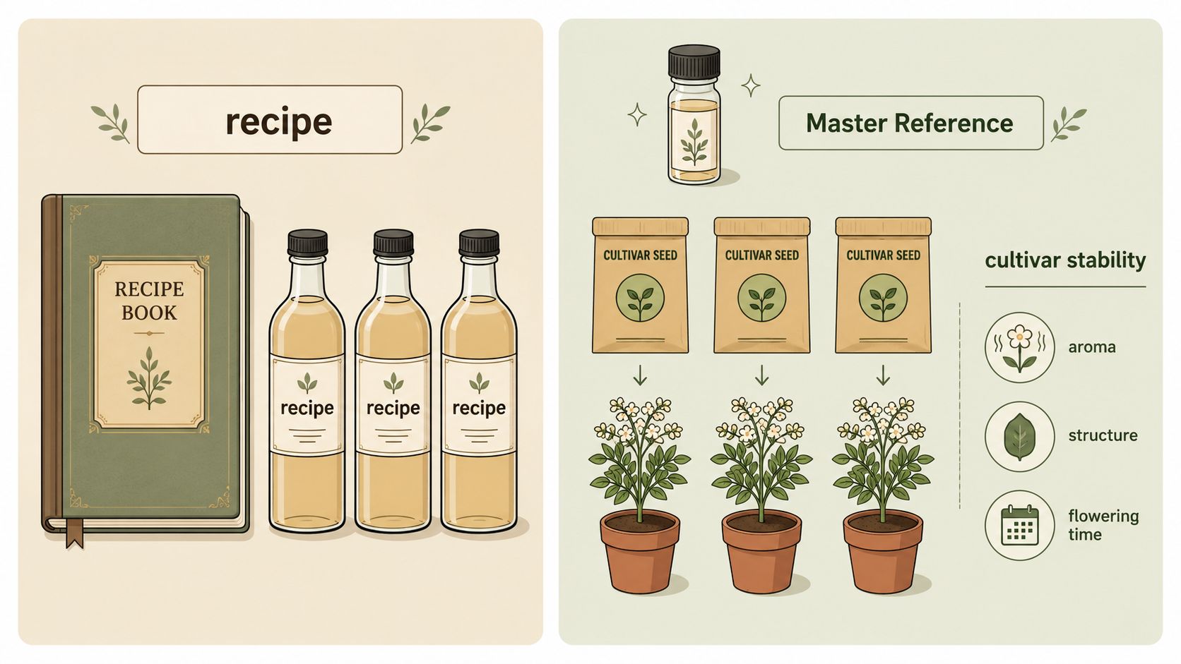 An infographic comparing a standardized recipe book and bottles with genetically stable seed cultivation processes.