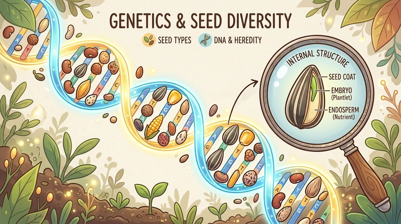 An educational illustration showing a DNA double helix integrated with various seeds and internal plant anatomy.