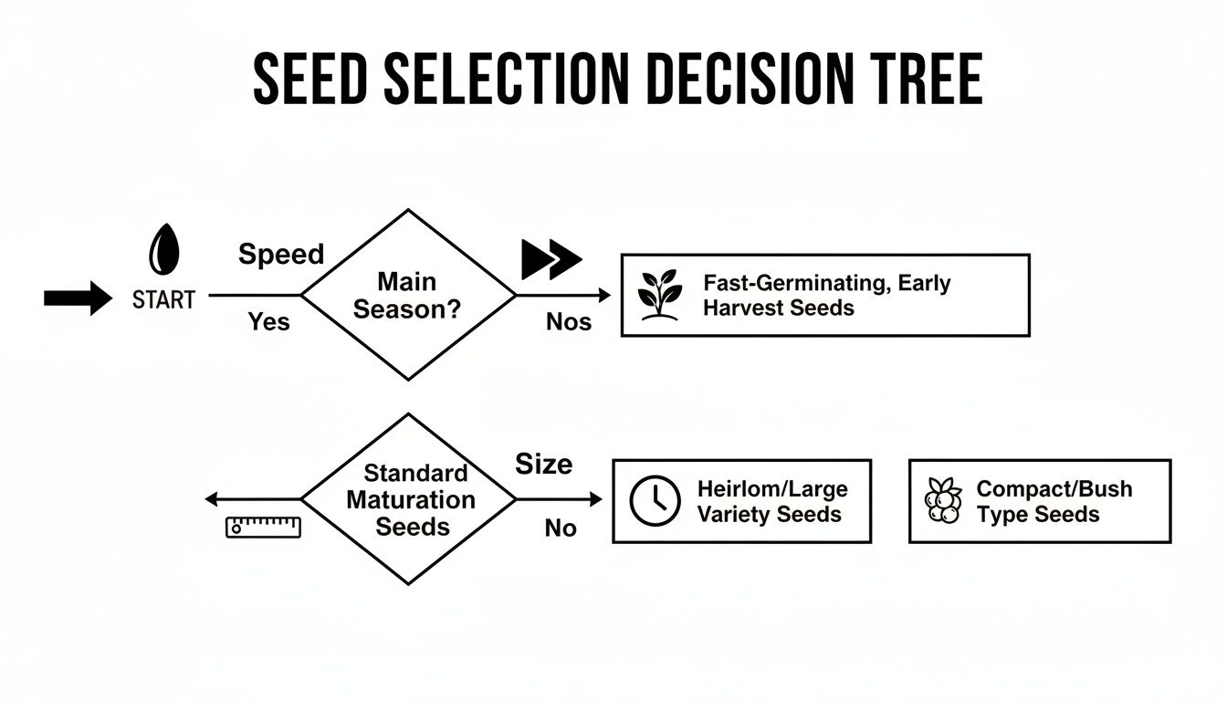 A seed selection decision tree diagram guiding seed choices based on main season and plant size.