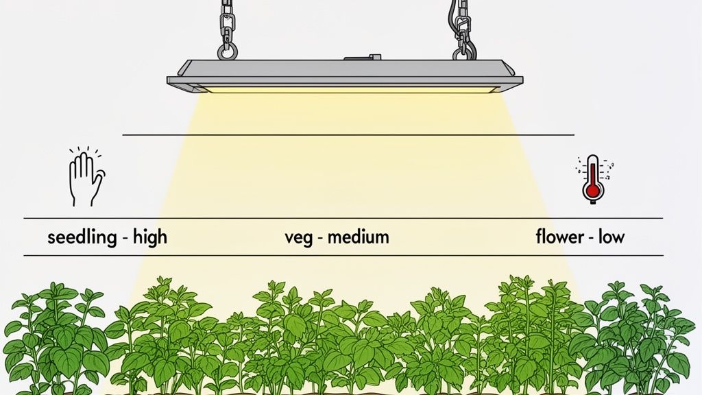 Illustration showing grow light intensity recommendations for seedling, vegetative, and flowering plant stages.