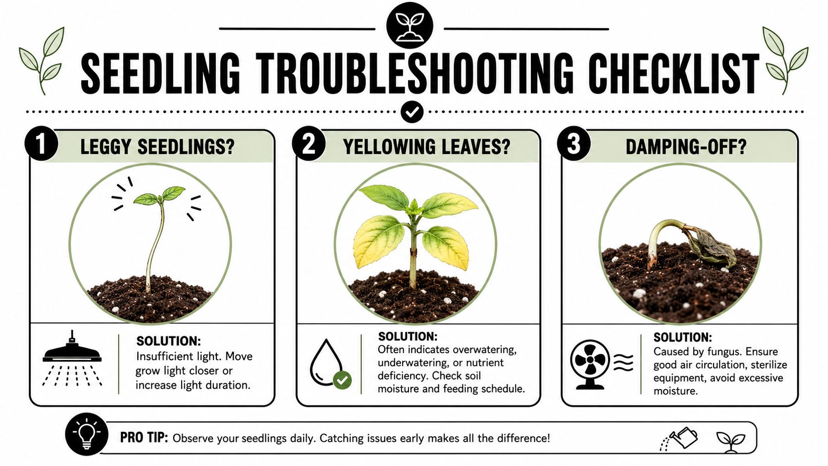 A visual seedling troubleshooting checklist showing three common plant problems: leggy growth, yellowing leaves, and damping-off.