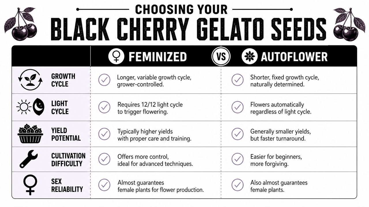 A comparison chart highlighting the differences between feminized and autoflower black cherry gelato cannabis seeds.