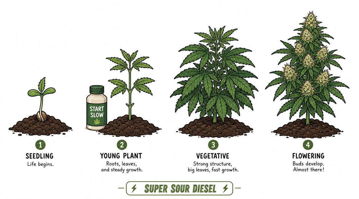 An illustration showing the four growth stages of a Super Sour Diesel cannabis plant from seedling to harvest.