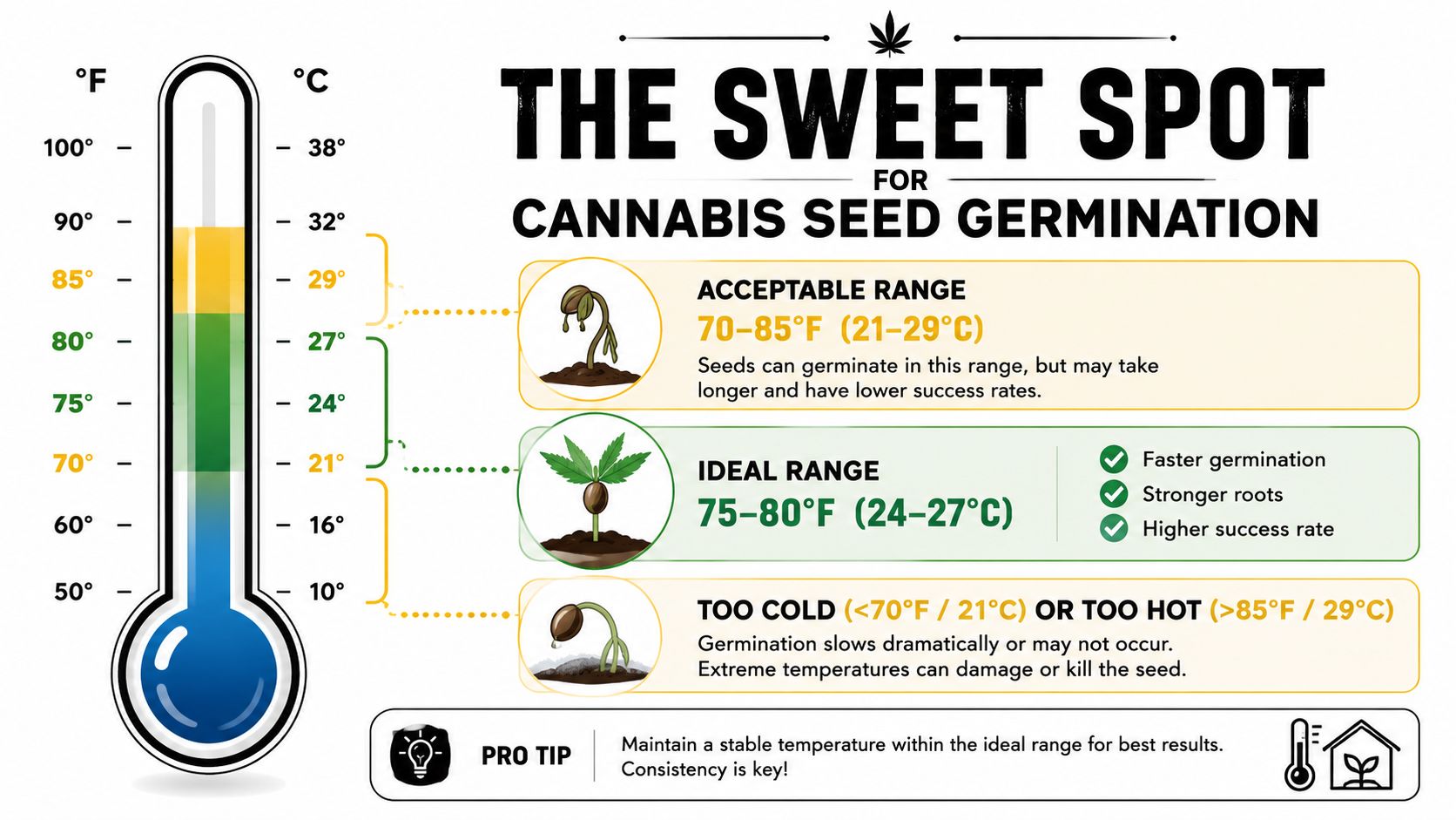 An educational infographic showing the ideal and acceptable temperature ranges for cannabis seed germination in Fahrenheit and Celsius.