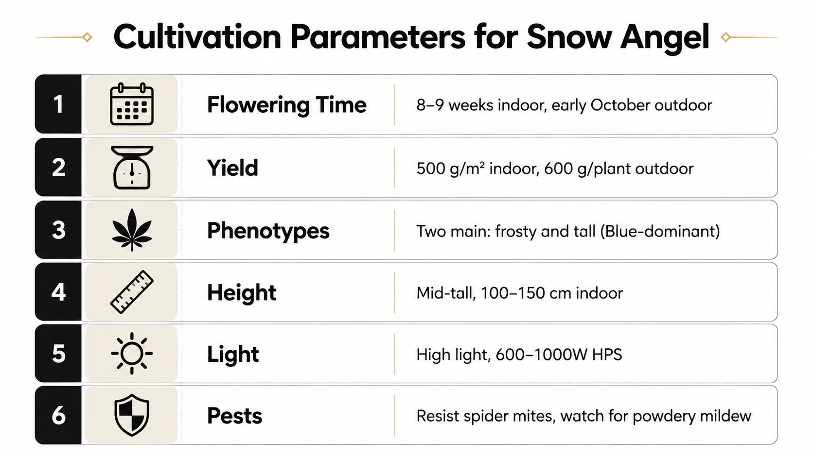 A cultivation guide table for the Snow Angel cannabis strain detailing flowering time, yield, and care requirements.