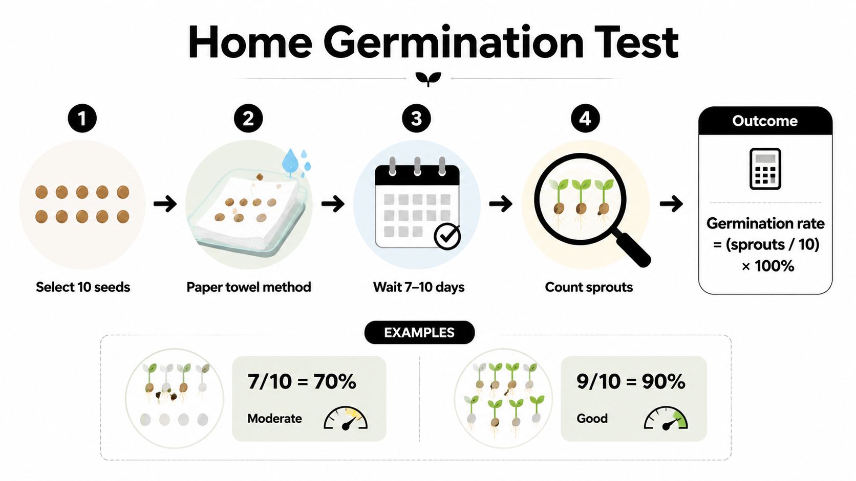 An infographic showing a four-step home germination test to calculate the viability of seeds.
