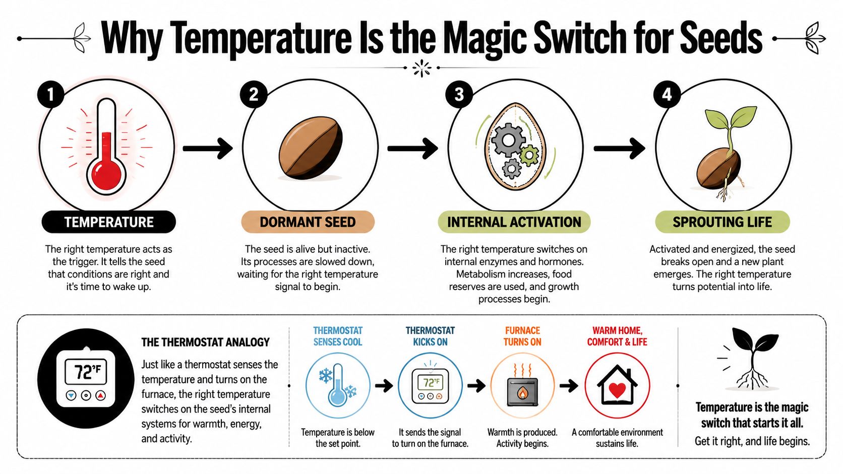 An infographic explaining how temperature acts as a catalyst for seed germination and plant growth processes.