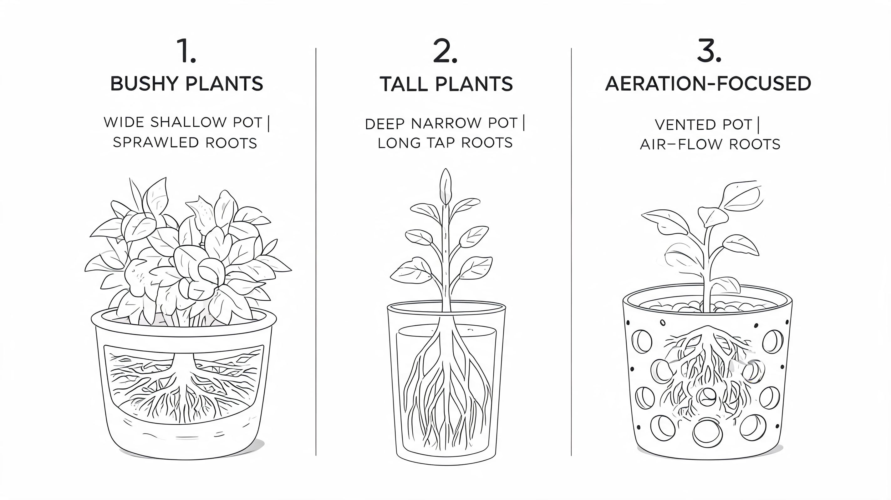 A diagram comparing three types of plant pots suitable for bushy, tall, and aeration-focused plants.
