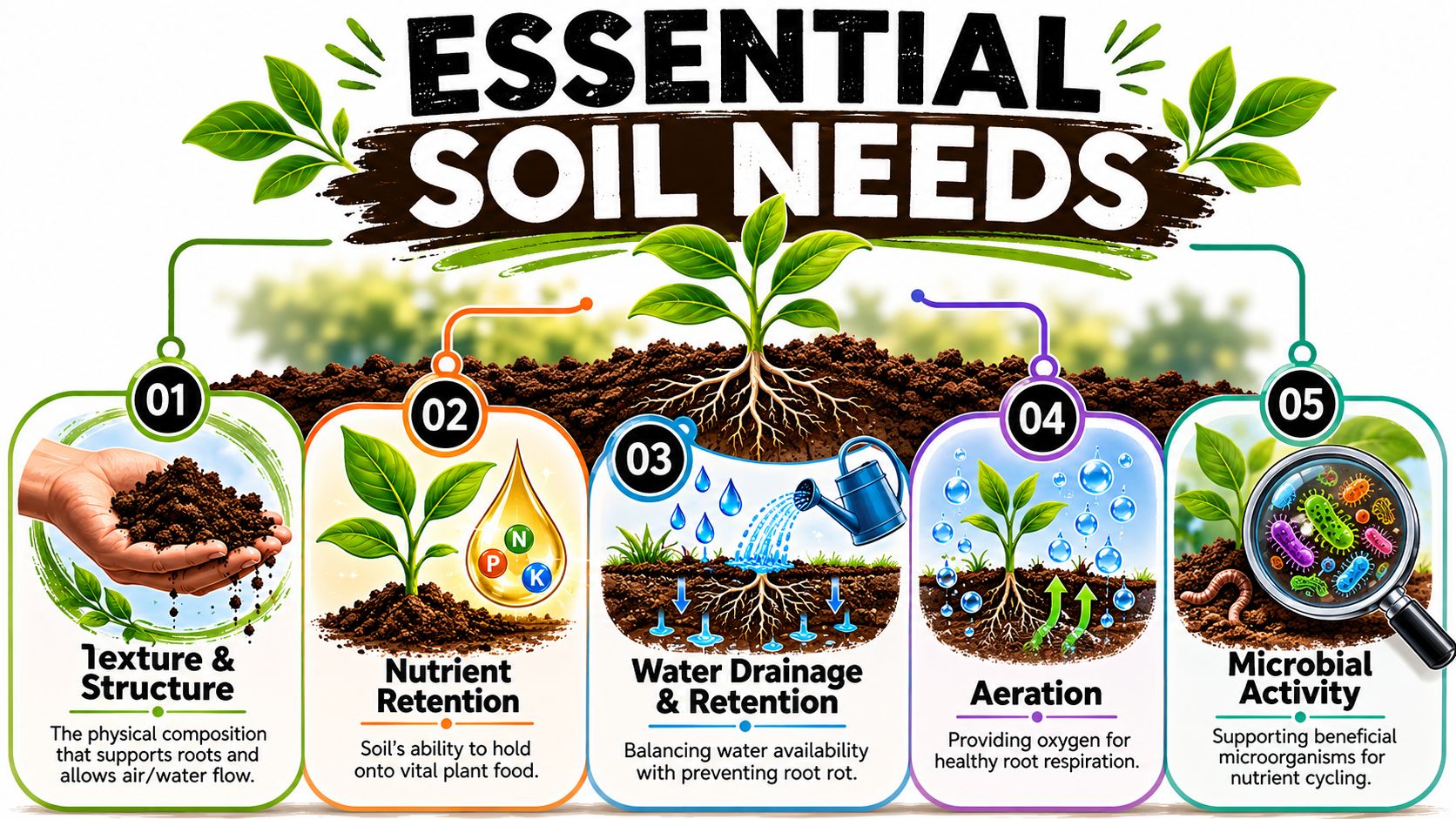 An infographic titled Essential Soil Needs, illustrating five key requirements for healthy soil and plant growth.