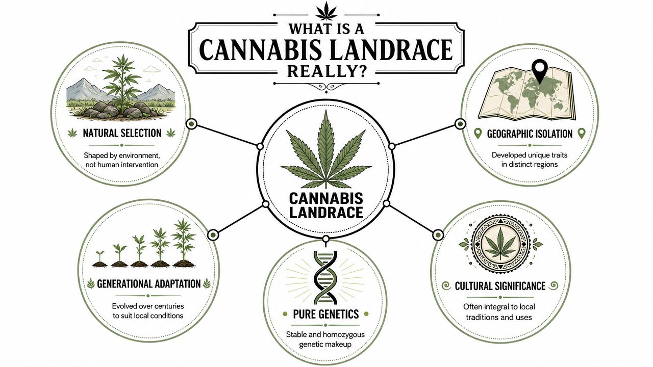 An infographic explaining the definition of a cannabis landrace through natural selection, geography, adaptation, genetics, and culture.