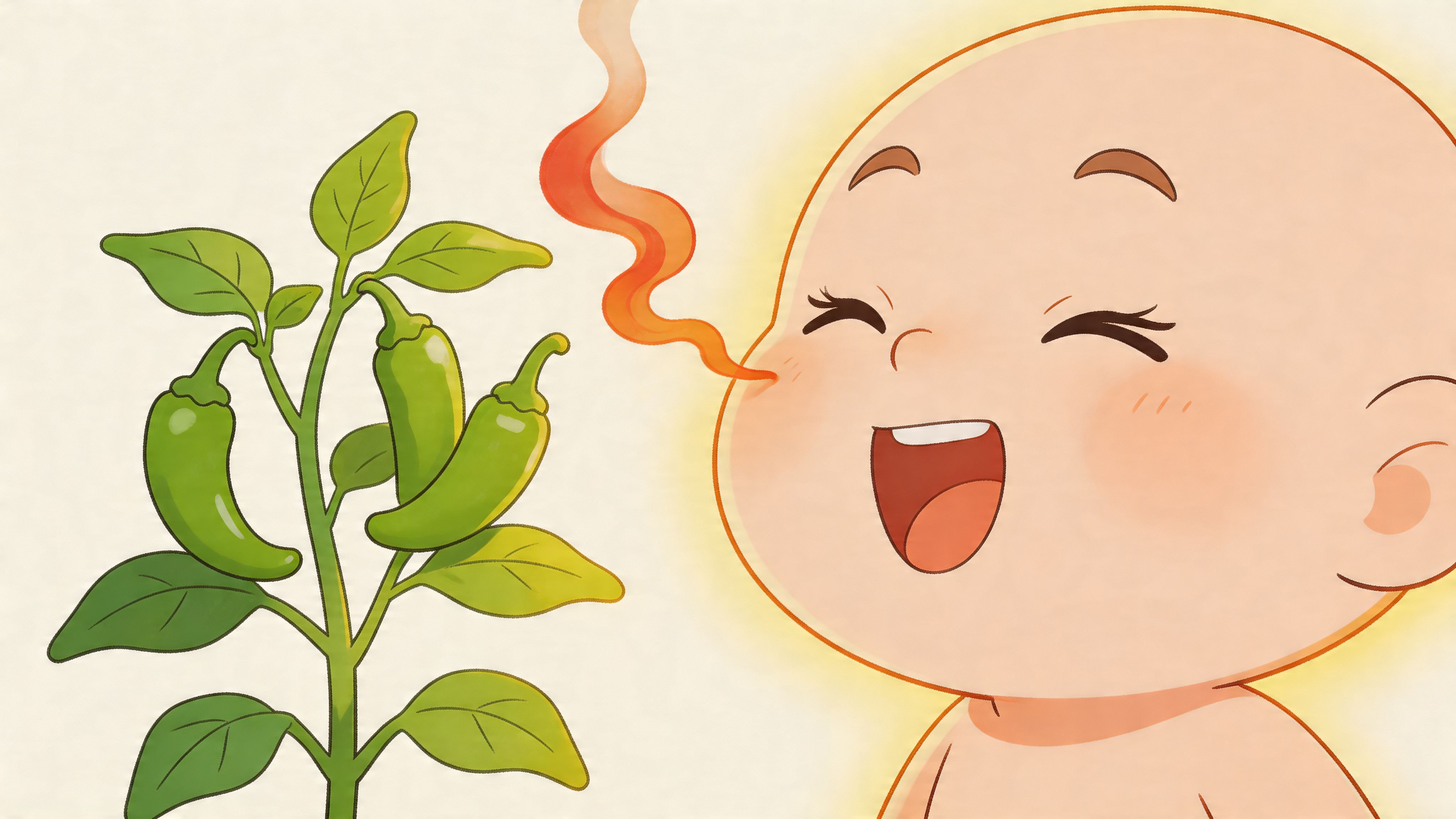 A happy bald cartoon baby standing next to a small green chile pepper plant with smoke rising.