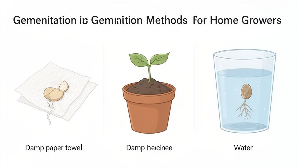 Illustration showing three common seed germination methods: damp paper towel, a sprout in damp soil, and a seed soaking in water.