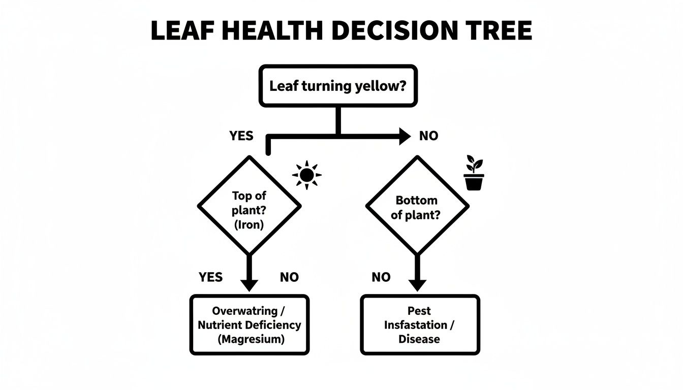 A decision tree flowchart for diagnosing yellow leaves on plants, covering iron, magnesium deficiencies, and pests.