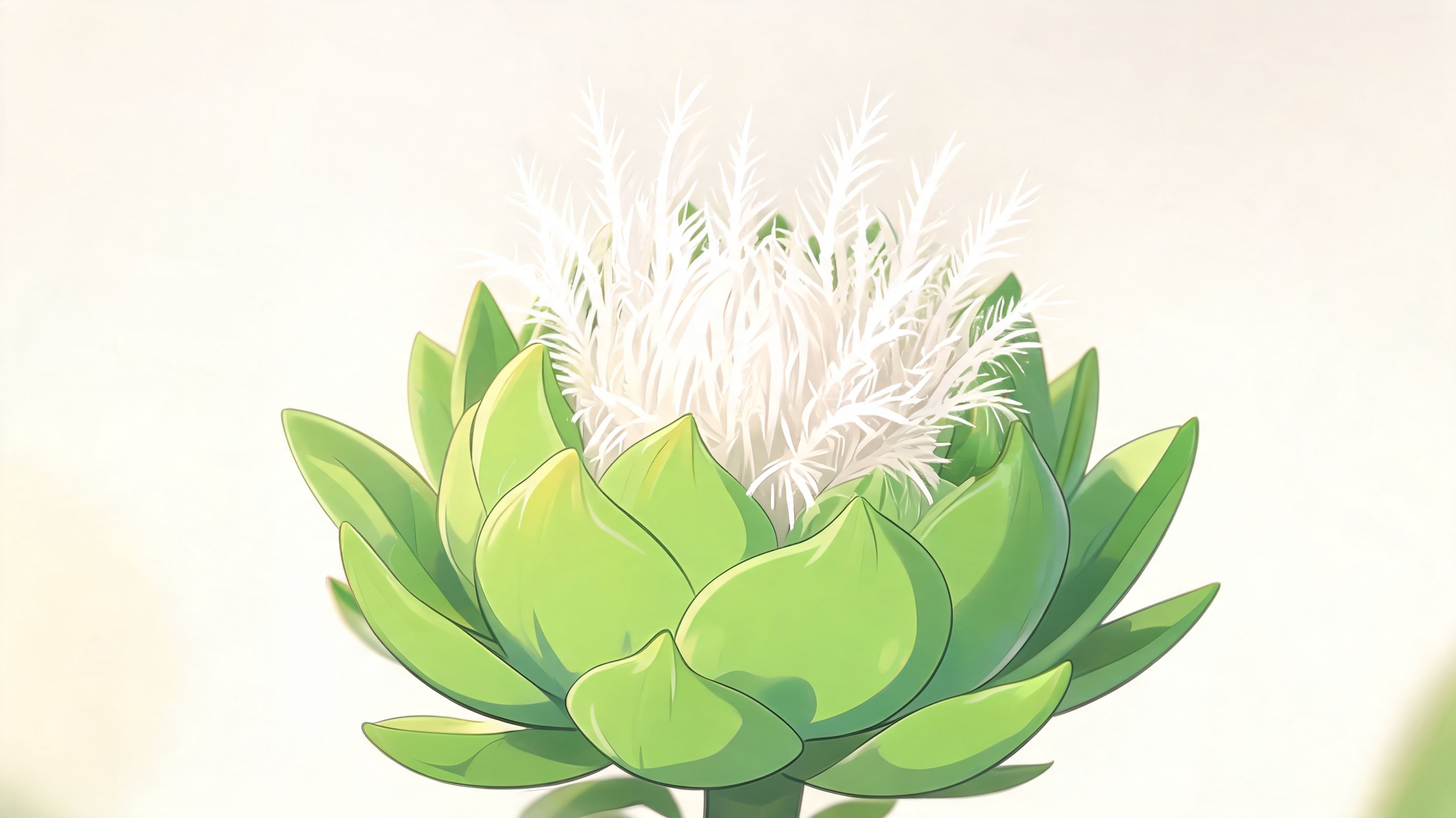 A detailed illustration of a vibrant green artichoke flower blooming with delicate, wispy white pistils.