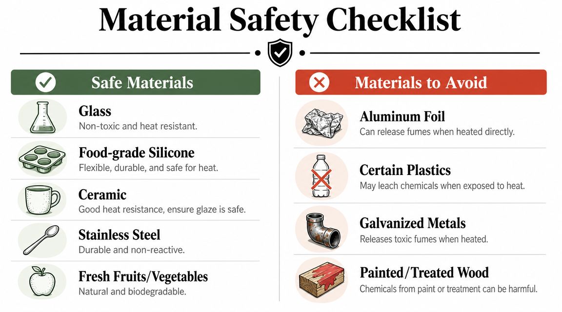 A safety checklist comparing safe materials versus materials to avoid for crafting or heating projects.