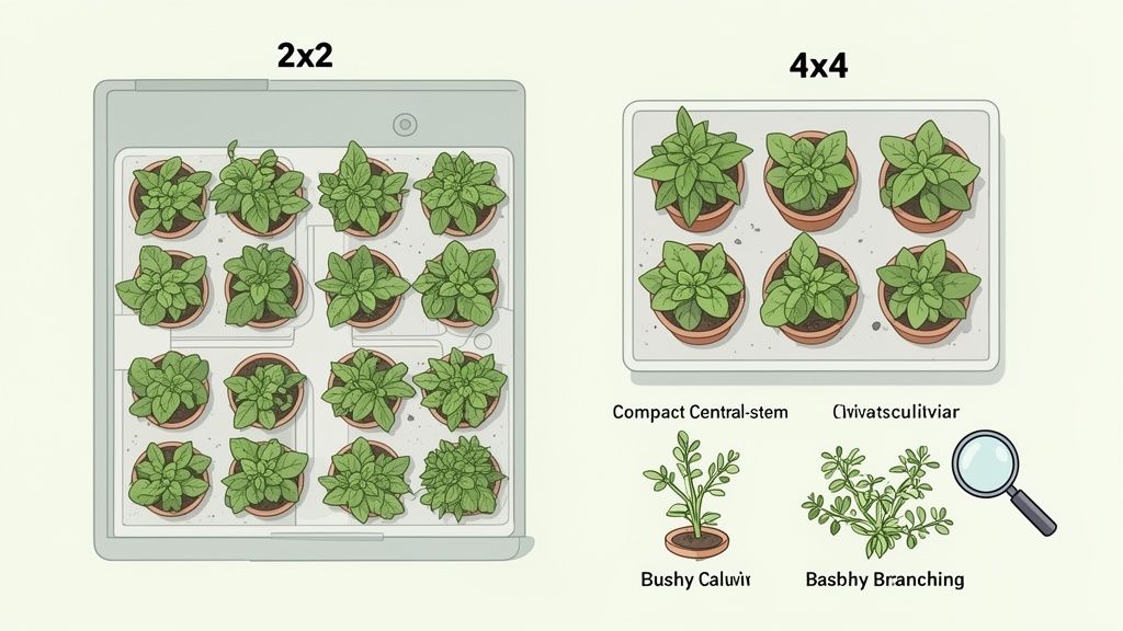 Illustration of plant growth experiments in trays, showcasing different plant types and patterns.
