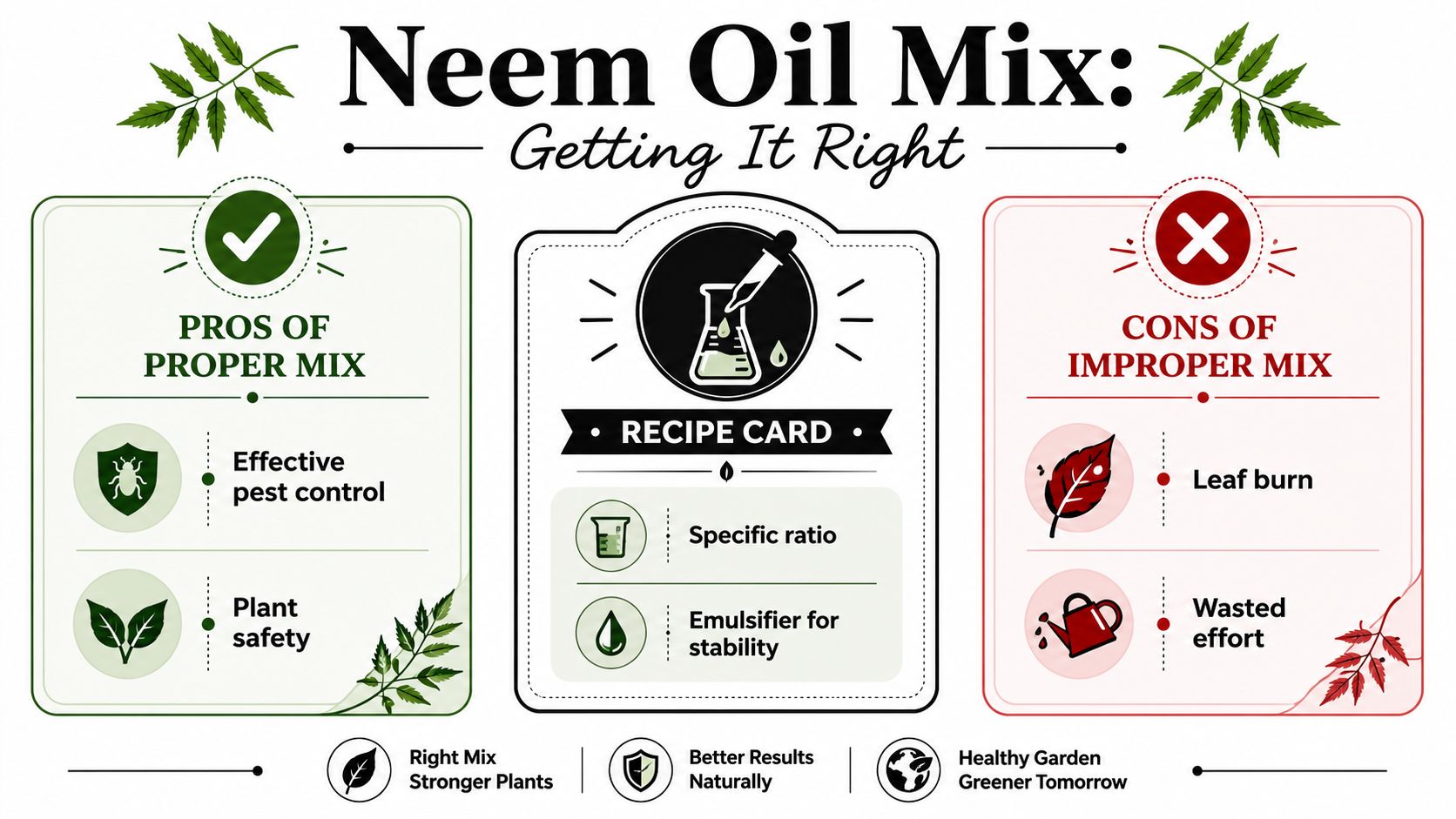 An infographic titled Neem Oil Mix showing the pros of proper mixing versus the cons of improper mixing.