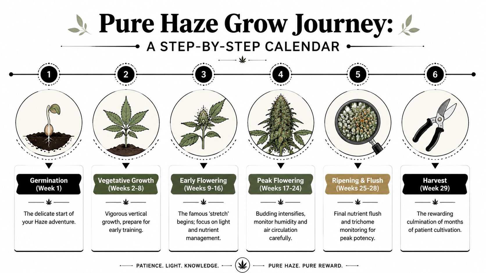 An infographic titled Pure Haze Grow Journey illustrating the six key stages of cannabis cultivation from germination to harvest.