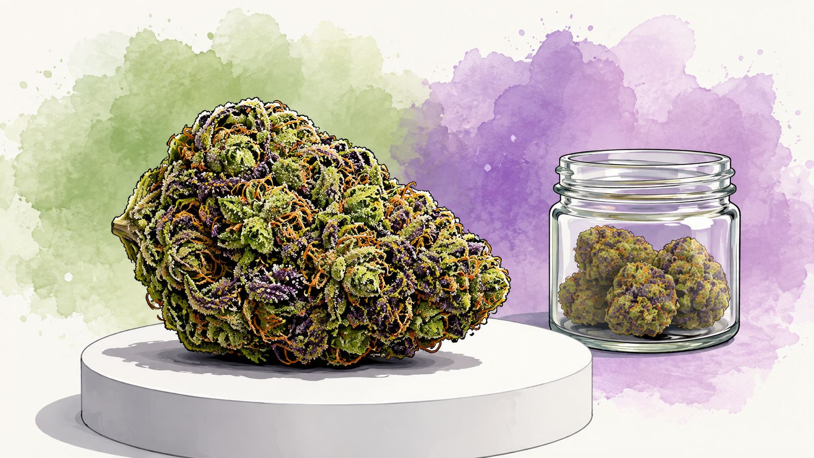 A large cannabis nug on a white pedestal next to a glass jar filled with marijuana buds.