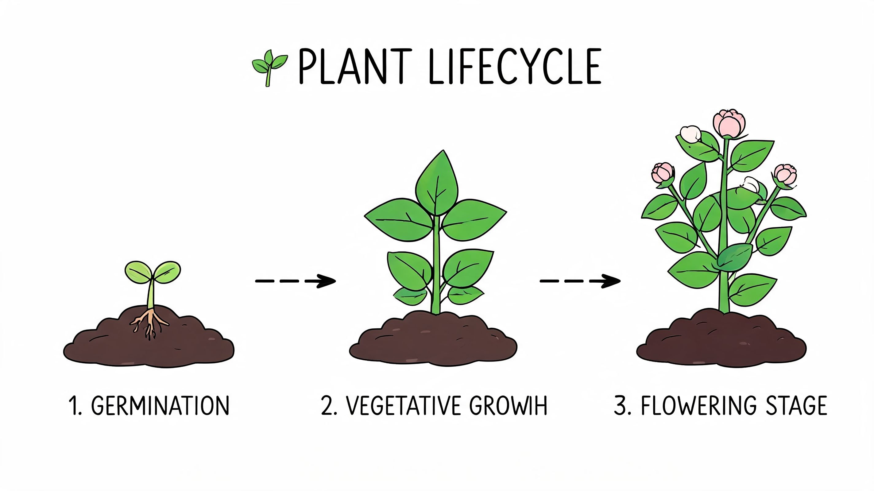 A diagram illustrating the plant lifecycle with three stages: germination, vegetative growth, and the flowering stage.