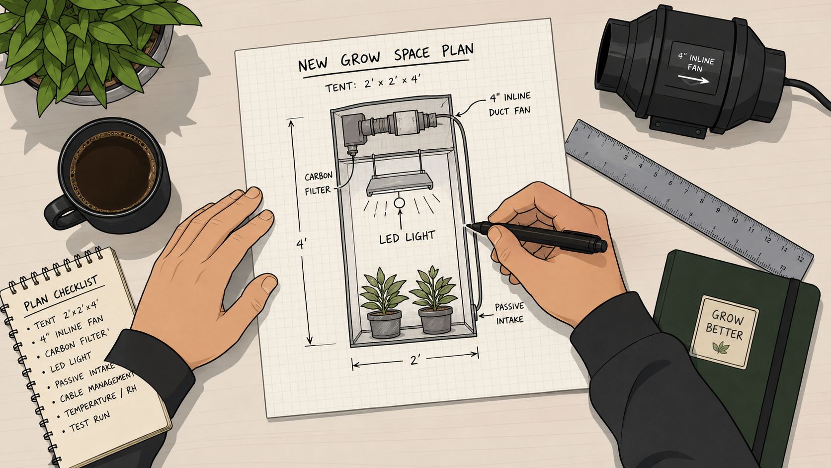 A person sketching a DIY grow tent setup plan including lights, ventilation, and plants on paper.