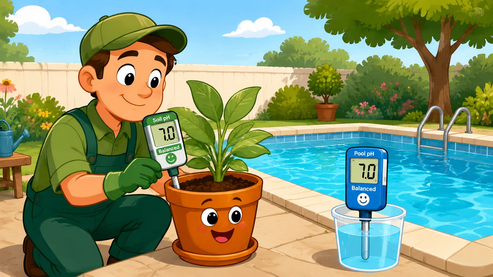 A smiling gardener testing the pH of a potted plant while a digital pool tester sits nearby.