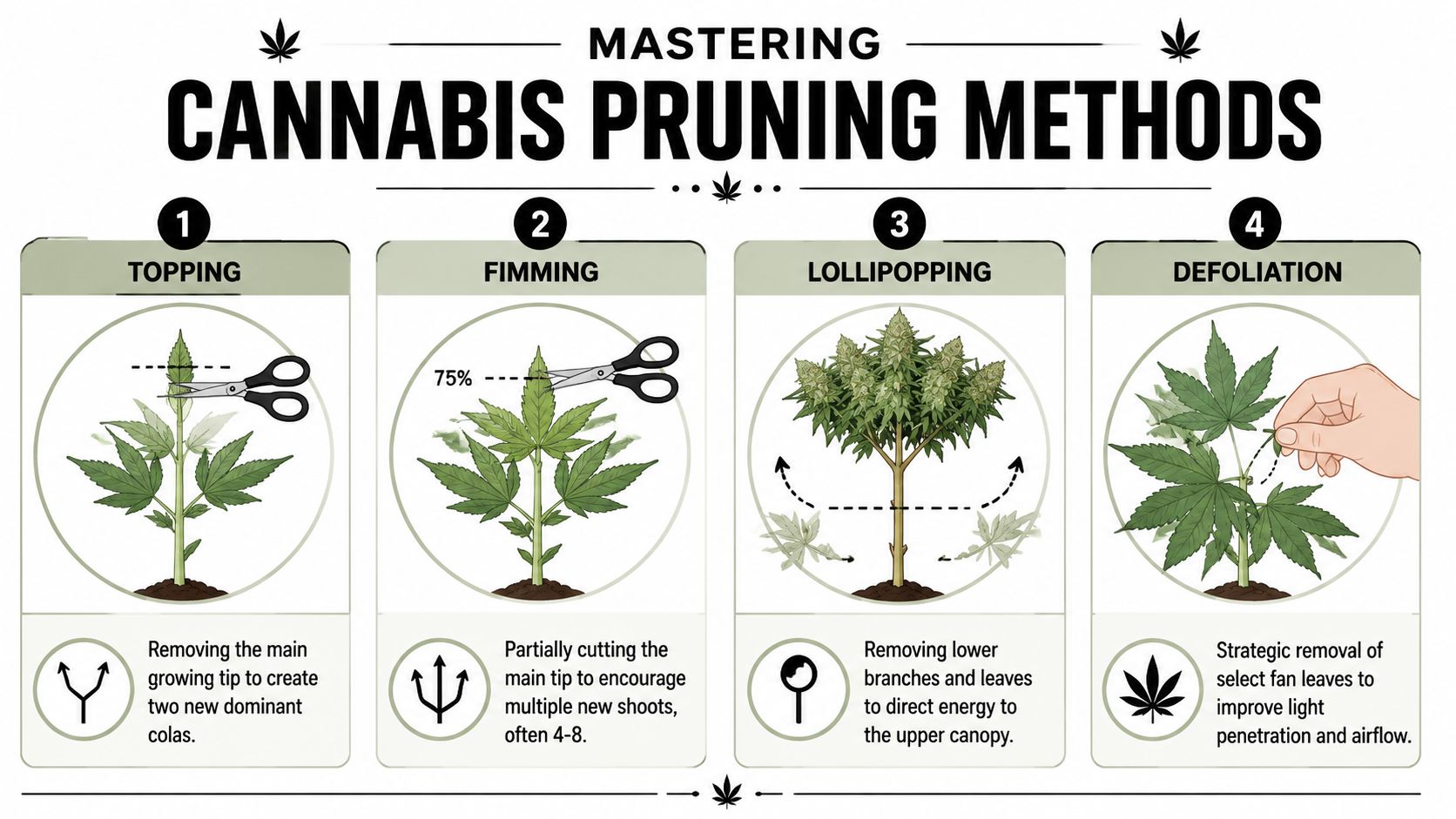 An infographic illustrating four common cannabis pruning methods: topping, fimming, lolli-popping, and defoliation techniques for cultivators.