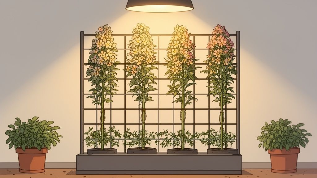 Indoor grow room with four flowering plants trained on a trellis under an overhead light.