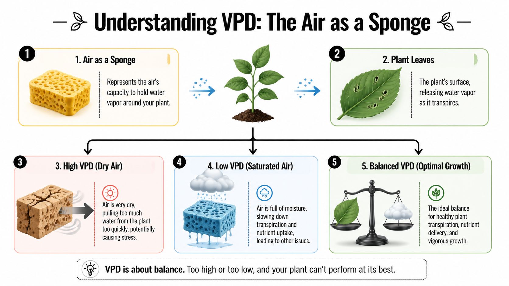 An infographic explaining Vapor Pressure Deficit (VPD) using a sponge analogy to illustrate optimal plant growth.