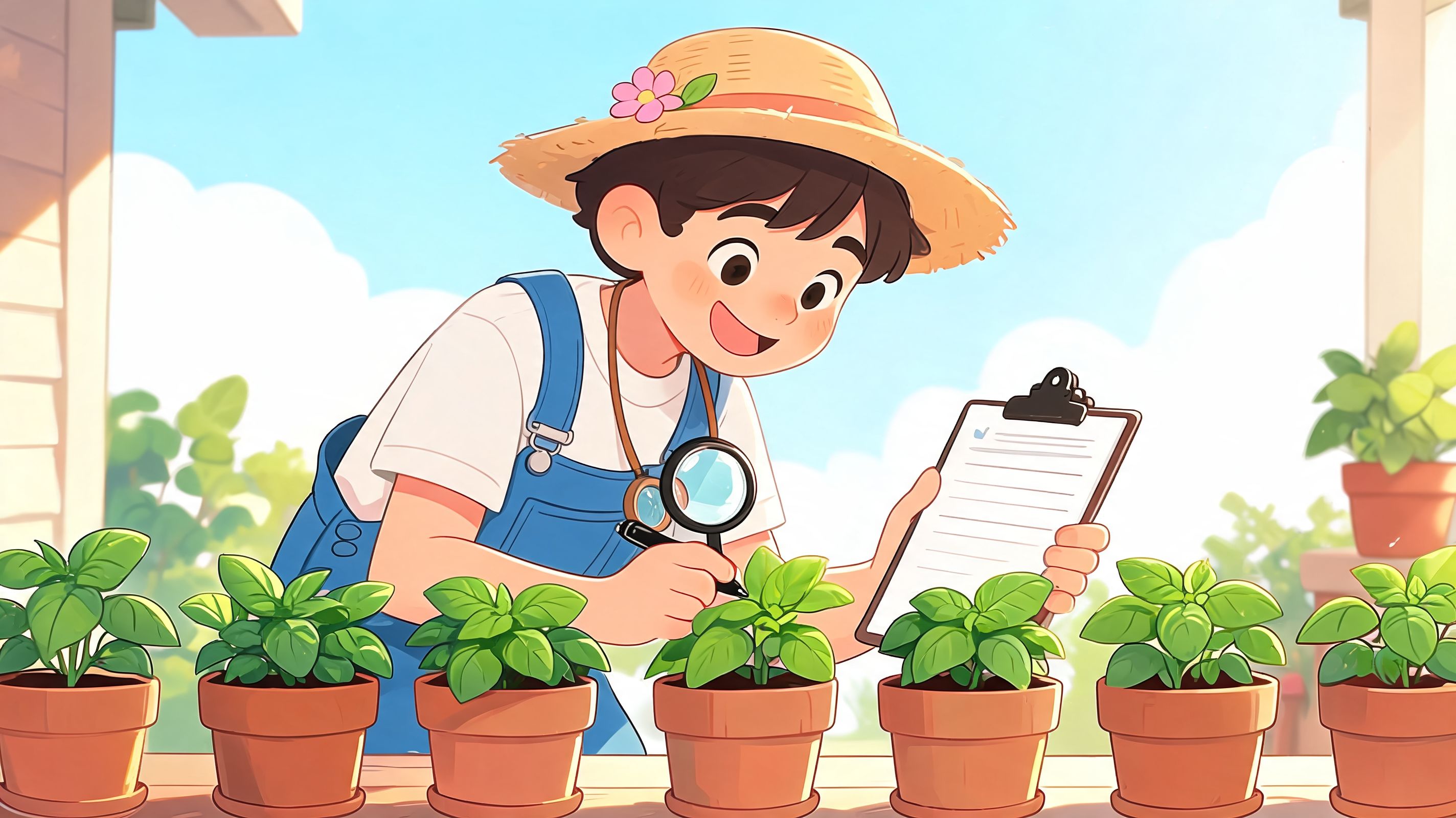 A child wearing a straw hat examines potted plants with a magnifying glass while holding a clipboard.