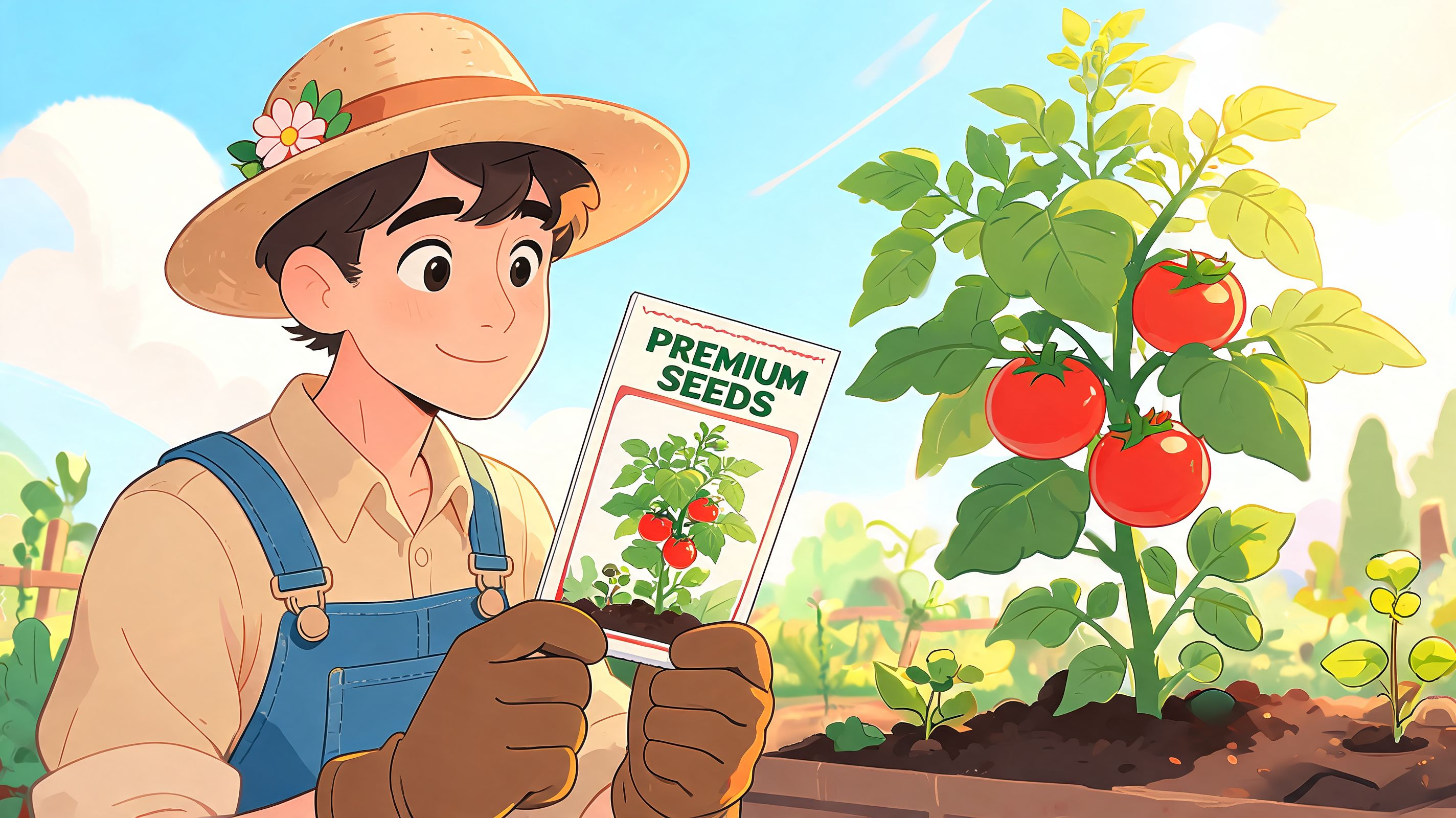 A happy young gardener holding a packet of premium tomato seeds next to a growing tomato plant.