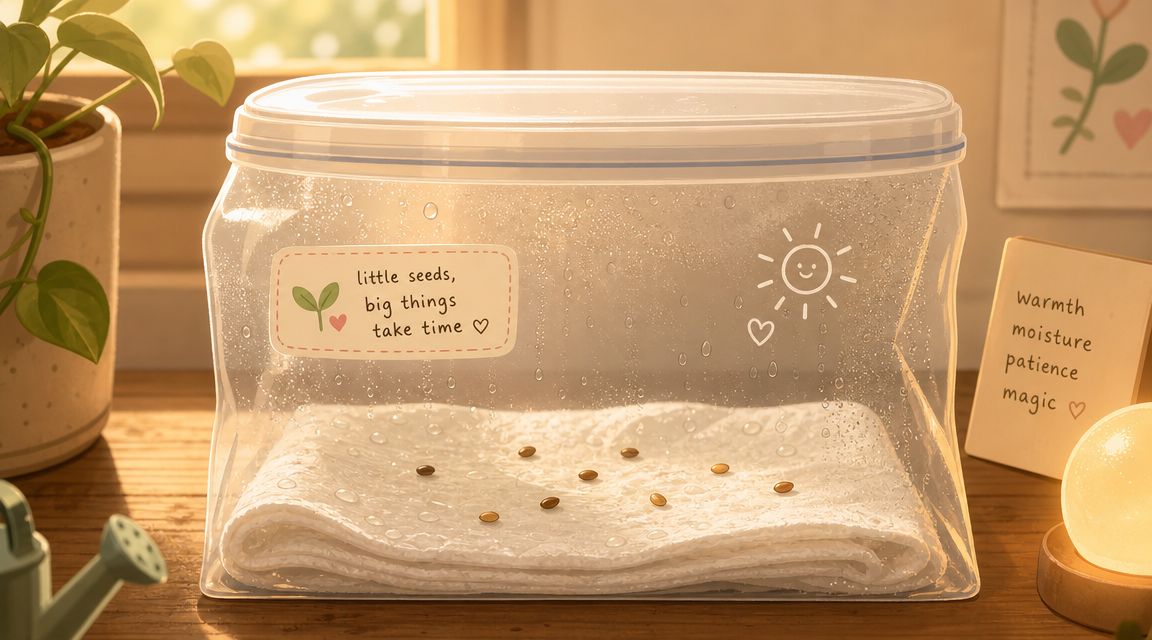 A clear plastic bag containing seeds on a damp paper towel to demonstrate the germination process.