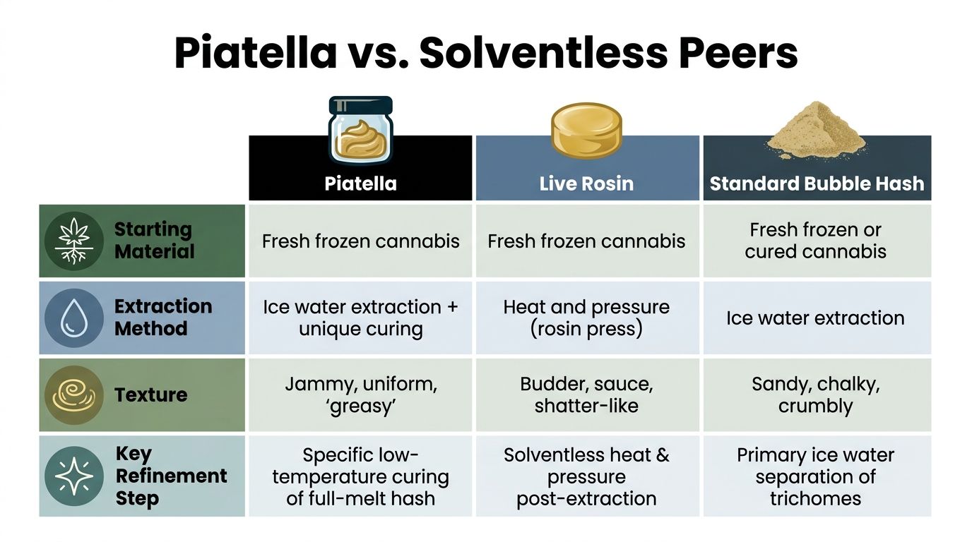 A comparison chart showing differences between Piatella, Live Rosin, and Standard Bubble Hash cannabis products.