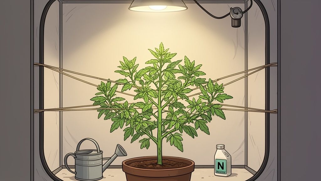 A thriving cannabis plant in a grow tent under a bright lamp, with a watering can and nutrients.