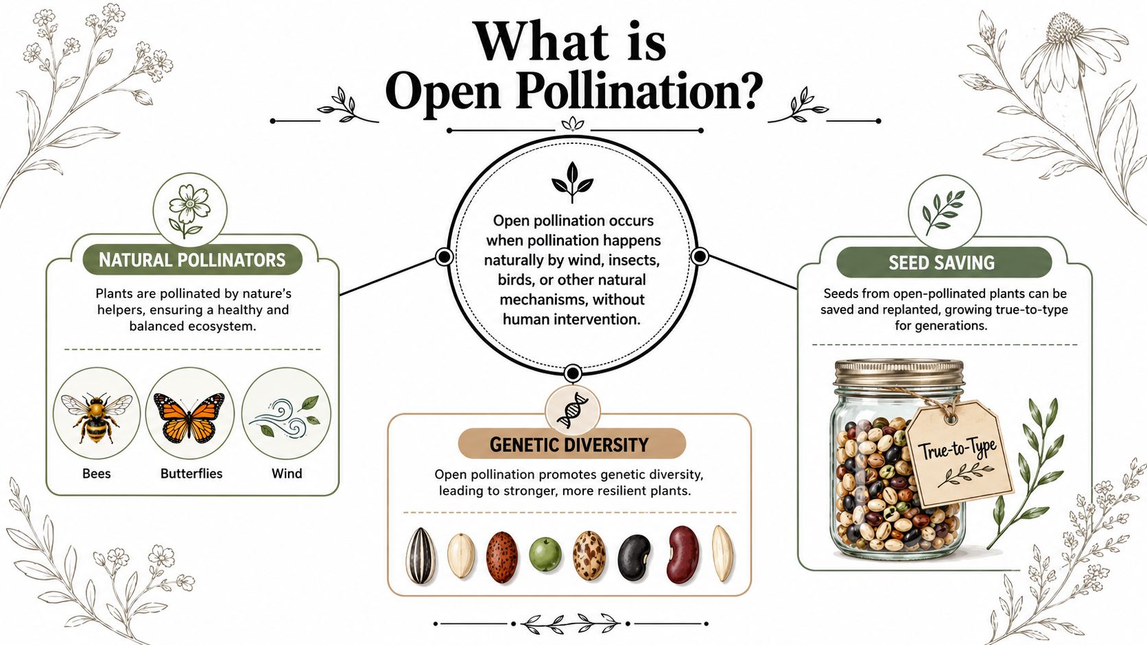 An educational infographic explaining the concept of open pollination, including natural pollinators, genetic diversity, and seed saving.