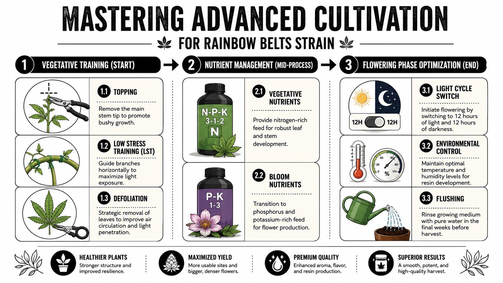 An infographic guide illustrating advanced cultivation techniques for the Rainbow Belts cannabis strain throughout three growth phases.