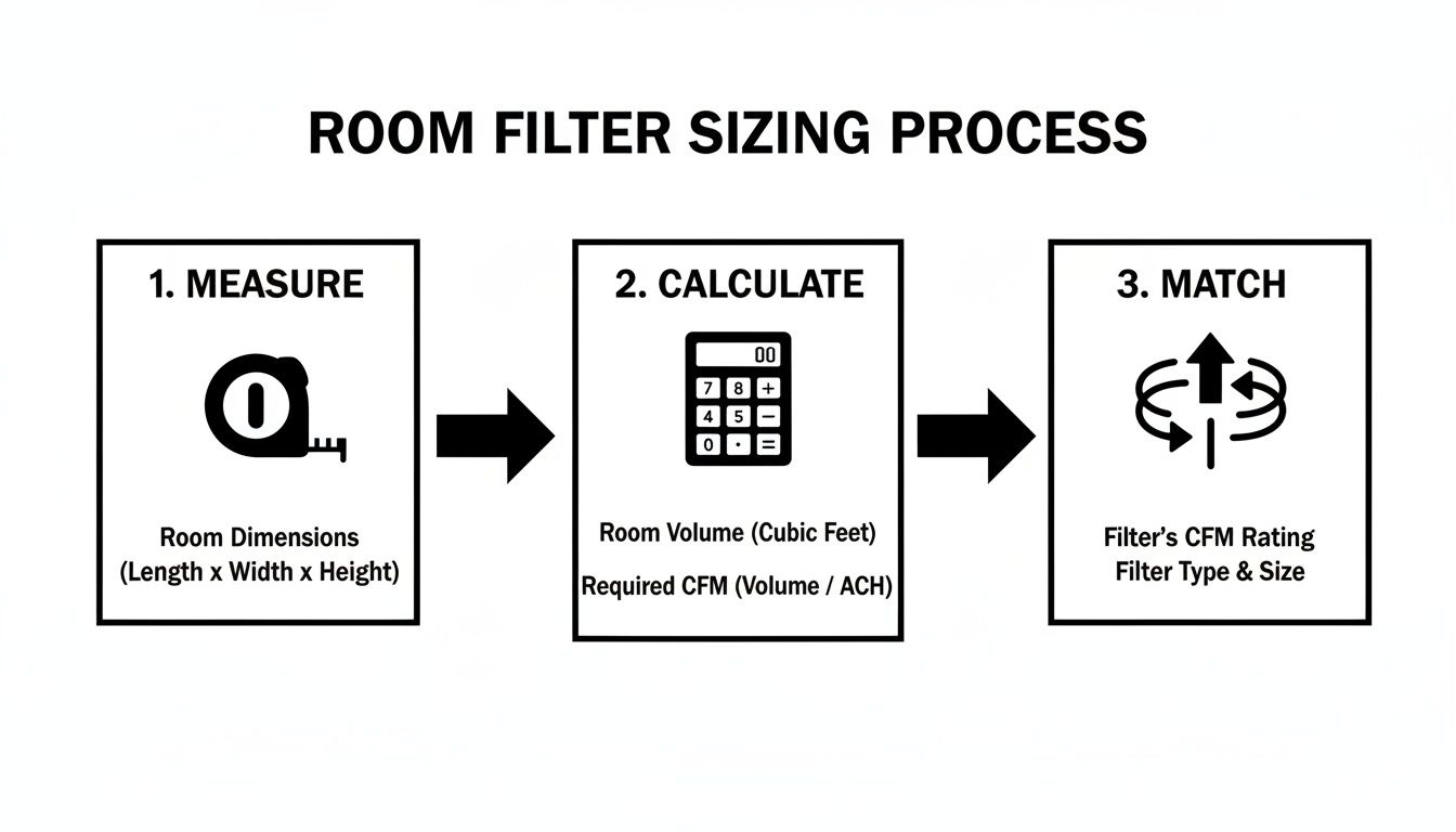 Infographic showing a three-step room filter sizing process: measure dimensions, calculate volume and CFM, then match filter specs.