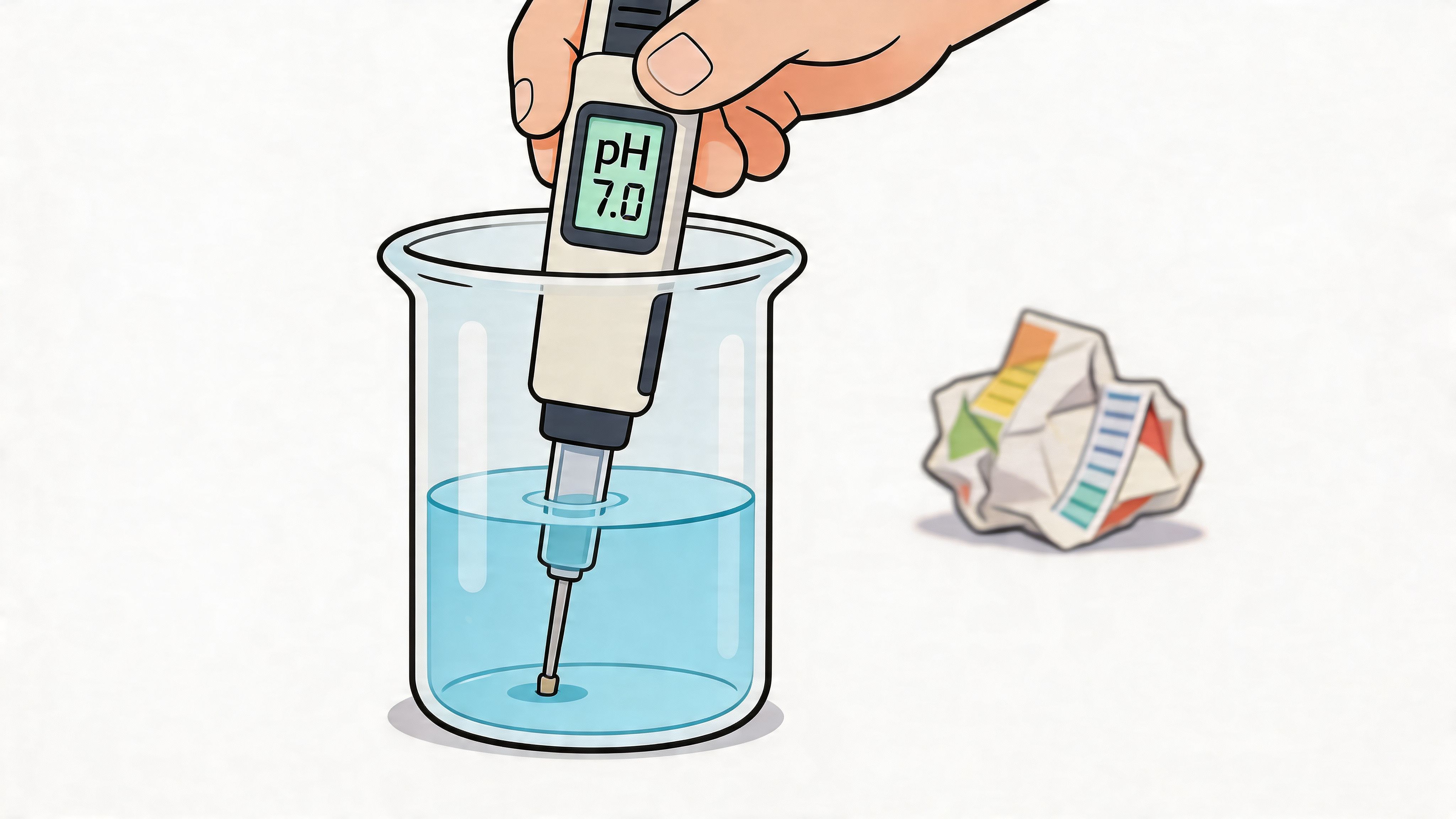A hand holding a digital pH meter measuring the acidity of water in a glass laboratory beaker.