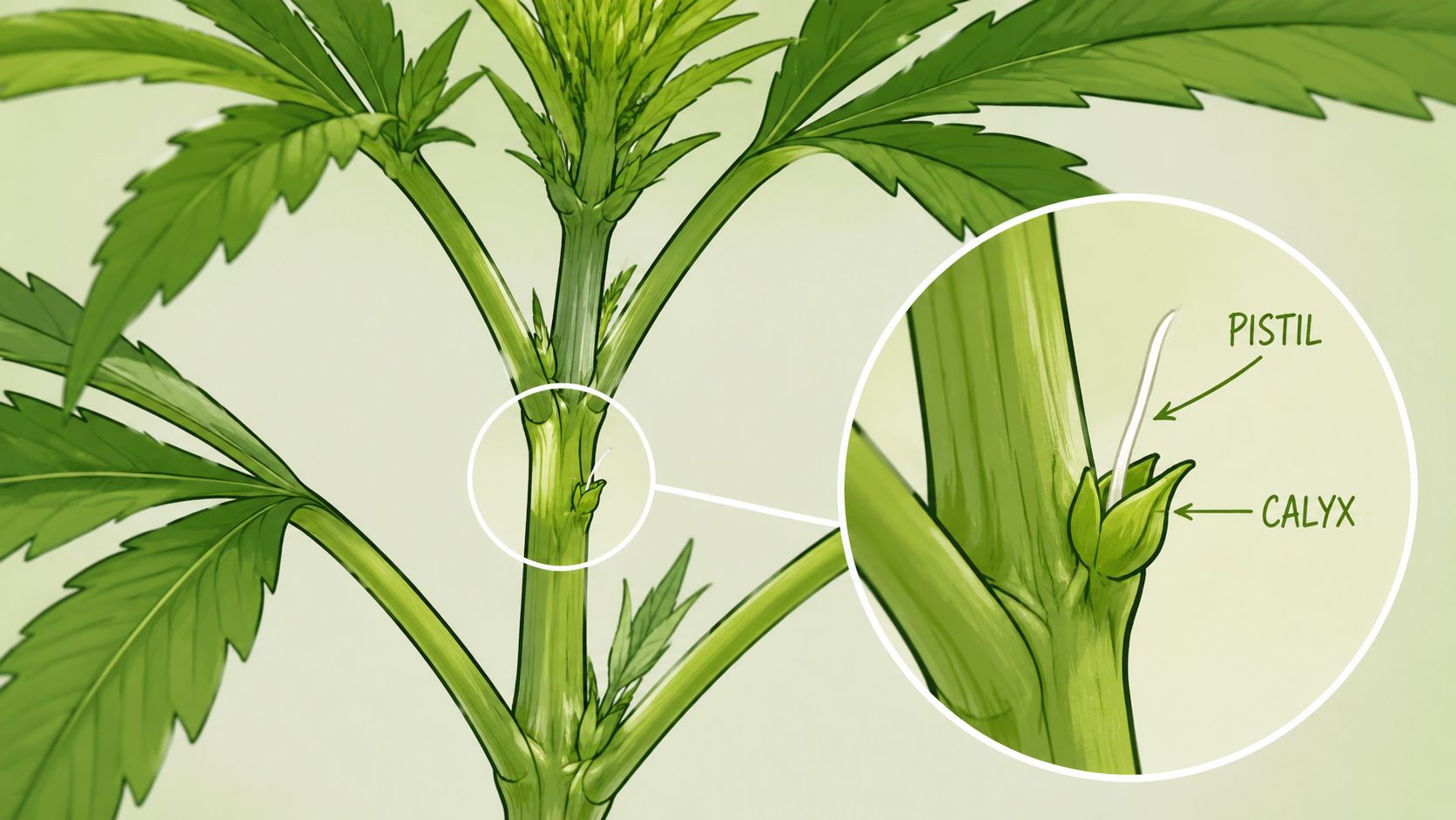 A detailed illustration identifying the pistil and calyx on a cannabis plant during the pre-flowering stage.